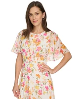 Calvin Klein Women's Floral-Print Cape-Back Chiffon Dress