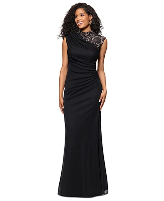 Betsy & Adam Women's Lace-Trim Ruched Jersey Gown