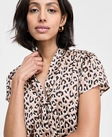 Bar Iii Women's Satin Animal-Print Bow Blouse, Exclusively at Macy's
