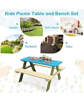 Kids Wooden Picnic Table Set Solid Dining Table with Built-in Benches for Patio