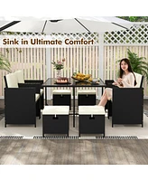 9 Pcs Outdoor Dining Furniture Set with Tempered Glass Table and Ottomans