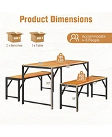 3 Pieces Patio Dining Set with Acacia Wood Dining Table and 2 Benches