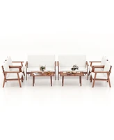 Gymax 8PCS Conversation Set Acacia Wood Sofa Coffee Table w/ Cushioned Seat Patio