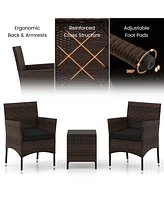 Gymax 3 Pcs Outdoor Conversation Set w/ Cushioned Seat & Tempered Glass Tabletop