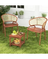 Set of 2 Double-Tier Acacia Wood Patio Side Table with Slatted Tabletop and Shelf