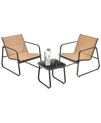 Gymax 3PCS Conversation Set Outdoor Metal Chair & Table Tempered Glass Top Patio