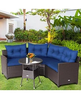 4 Pieces Patio Rattan Furniture Set Cushioned Sofa Glass Table
