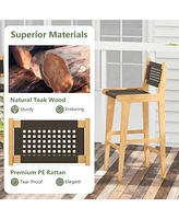 Rattan Teak Wood Bar Stool with Backrest and Footrest