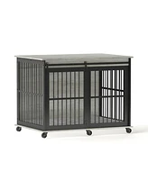 Furniture dog crate sliding iron door dog crate with mat Grey