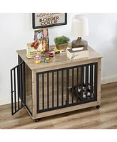Furniture Style Dog Crate Side Table With Feeding Bowl, Wheels, Three Doors, Flip-Up Top Opening. Indoor, Grey