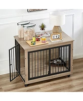 Furniture Style Dog Crate Side Table With Rotatable Feeding Bowl, Wheels, Three Doors, Flip-Up Top Opening. Indoor, Grey