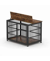 Furniture style dog crate wrought iron frame door with side openings, Rustic Brown