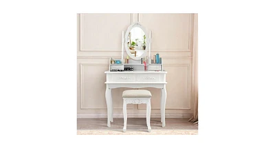 Vanity Makeup Table Set with Cushioned Stool and Rotatable Mirror Stylish Dressing Table for Bedroom