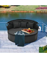 Clamshell Patio Round Daybed Wicker with Retractable Canopy and Pillows