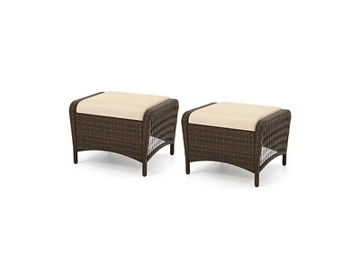 Set of 2 Outdoor Patio Pe Wicker Ottomans with Removable Cushions