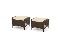 Set of 2 Outdoor Patio Pe Wicker Ottomans with Removable Cushions
