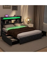 Bed Frame with Adjustable Storage Headboard and Wooden Slat Support