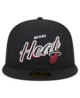 New Era Men's Black Miami Heat Sport Night Script Sided 59FIFTY Fitted Hat