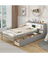 Bed Frame with Led Light and Bookcase Headboard