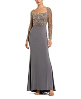 Women's Beaded Square Neck Long Sleeve Jersey Gown