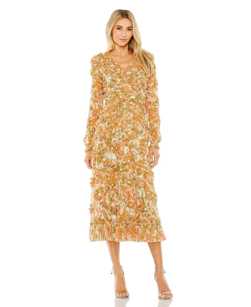 Women's Long Sleeve Low Back Floral V Neck Ruffle Dress