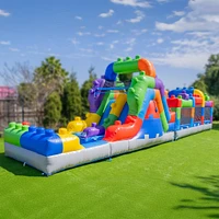 HeroKiddo 42' Block Party Inflatable Obstacle Course Water Slide Combo with Air Blower, Commercial Grade, 100% Pvc Vinyl, Kids Outdoor Play, Summer Fu
