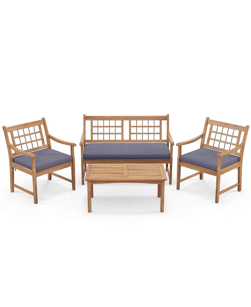 4 Pcs Wood Patio Furniture Set with Soft Seat Cushions Solid Acacia Frame