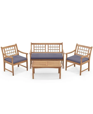 4 Pcs Wood Patio Furniture Set with Soft Seat Cushions Solid Acacia Frame