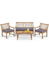 4 Pcs Wood Patio Furniture Set with Soft Seat Cushions Solid Acacia Frame