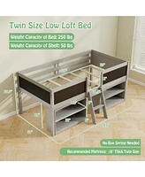 Twin Low Loft Bed with Ramp Ladder & Bookcases Full-length Safety Guardrail