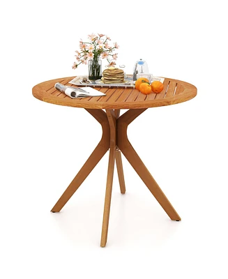 Patio Wood Dining Table with Slatted Tabletop and Curved Legs