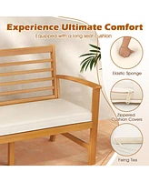 Patio Wood Bench with Seat Cushion and Slatted Seat for Backyard