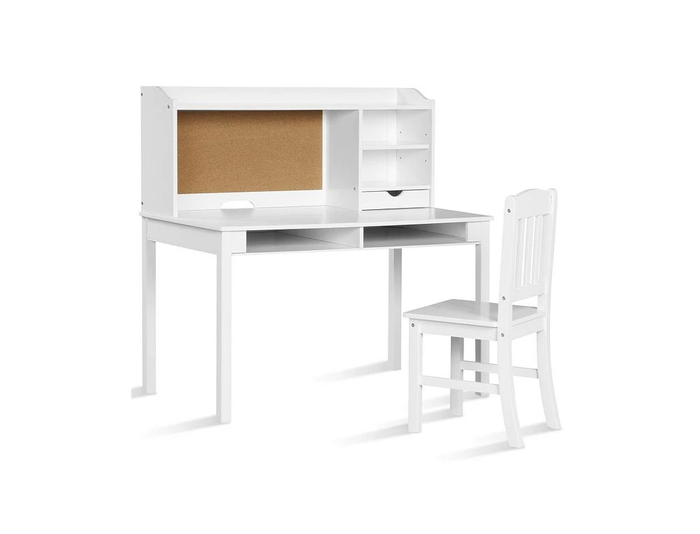 Kids Desk and Chair Set Study Writing Desk with Hutch and Bookshelves-White