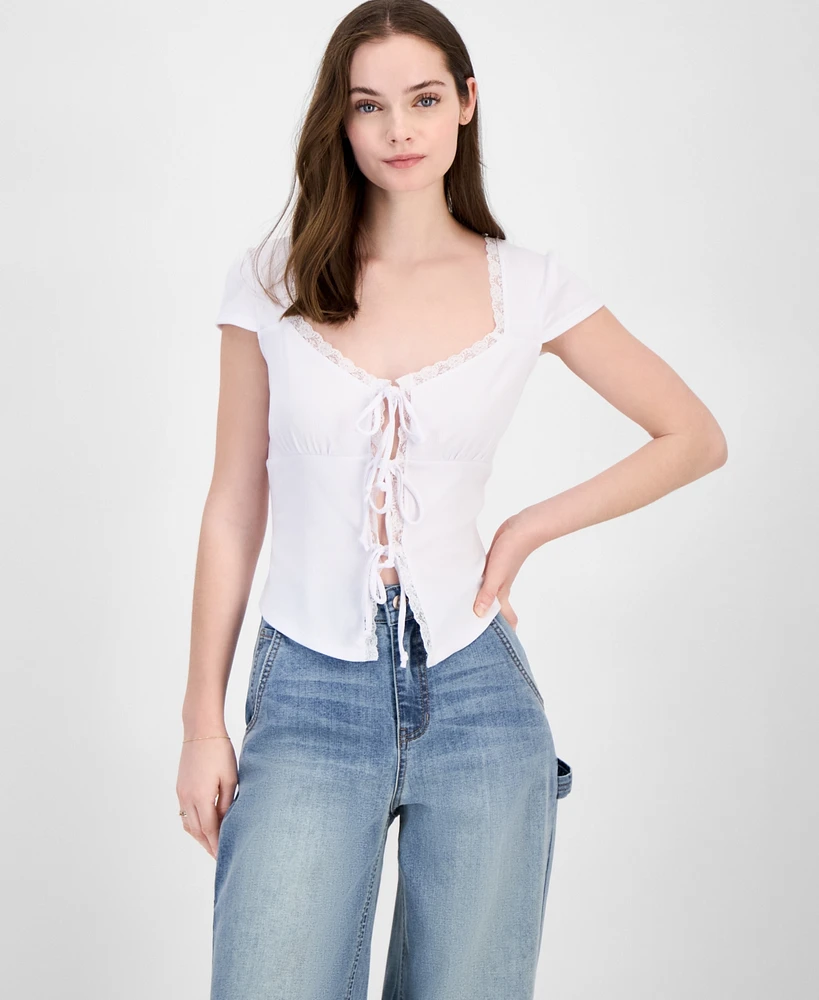 Just Polly Juniors' Lace Trimmed Tie-Front T-Shirt