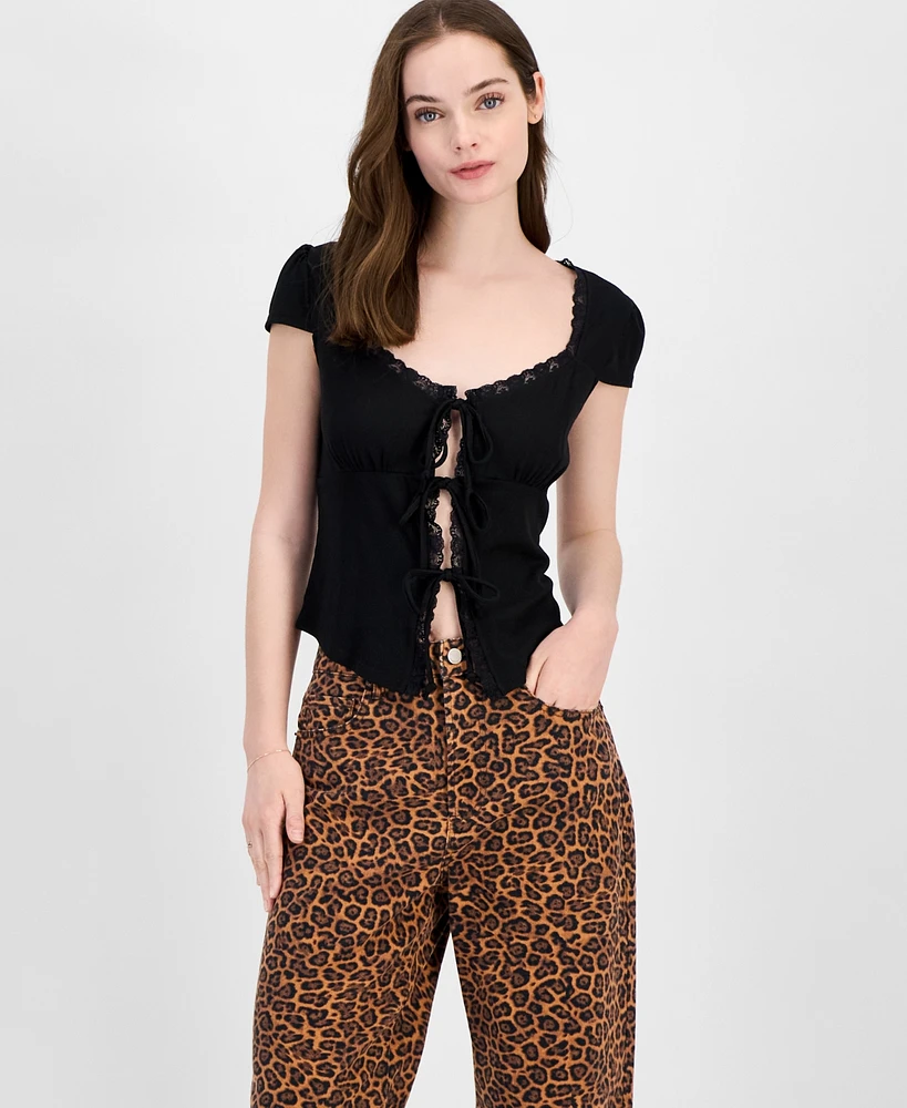 Just Polly Juniors' Lace Trimmed Tie-Front T-Shirt