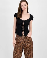 Just Polly Juniors' Lace Trimmed Tie-Front T-Shirt