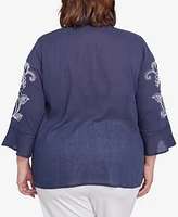 Alfred Dunner Plus Nantucket Embroidered Marine Button Front Top