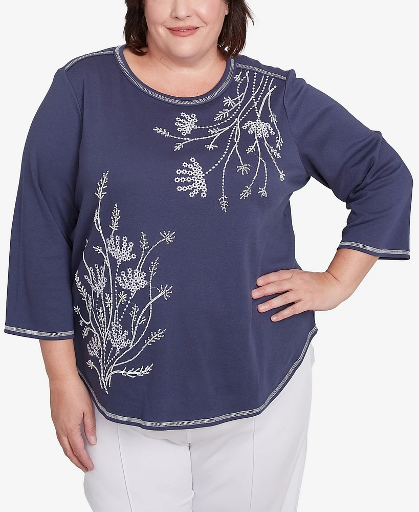 Alfred Dunner Plus Nantucket Asymmetric Floral Embroidered Top