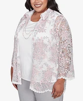 Alfred Dunner Plus Estate of Mind Floral Lace Two One Collared Neck Top with Necklace