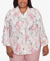 Alfred Dunner Plus Estate of Mind Collared Button Front Hydrangea Top