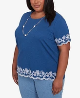 Alfred Dunner Plus Flower Power Border Embroidery T-Shirt with Necklace