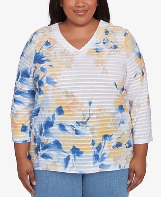 Alfred Dunner Plus Flower Power Floral Textured V Neck Top