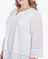 Alfred Dunner Plus Flower Power Floral Embroidered Eyelet Trim Top