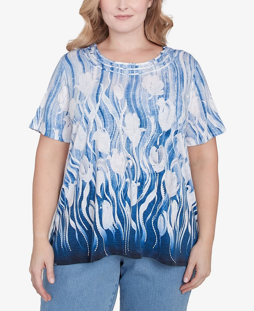 Alfred Dunner Plus Flower Power Tulip Border Knotted Neckline T-Shirt