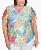 Alfred Dunner Plus Parrot Cay Textured Tropical Beaded Neck Top