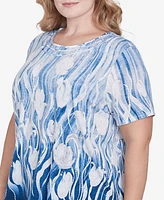 Alfred Dunner Plus Flower Power Tulip Border Knotted Neckline T-Shirt