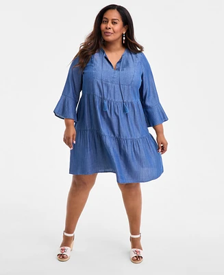 Style & Co Plus Split-Neck Tiered Flutter-Sleeve Dress, Exclusively at Macy's