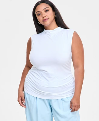 Bar Iii Trendy Plus Sleeveless Mock-Neck Jersey Ruched Top, Exclusively at Macy's