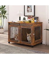 Sliding Door Dog Cage with Partition for Two Puppies Brown