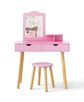 Kid Vanity Table and Chair Set with Mirror and 2 Large Storage Drawers Stylish Dressing Set for Kids